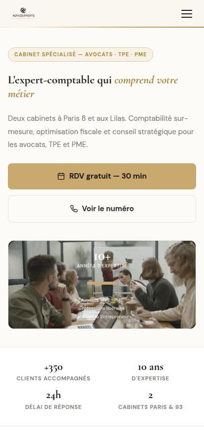 Expert-Comptable Paris 8 et Les Lilas | AdvizExperts スマホ表示