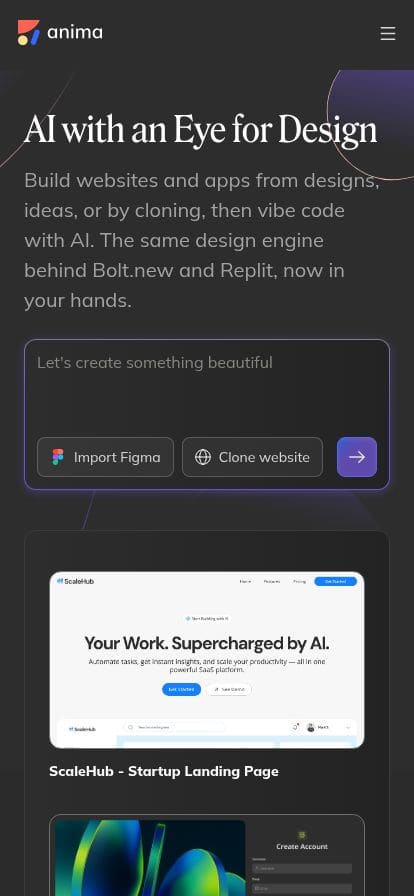 Anima: Build Websites & Apps with AI | UX Design Agent | Figma to Code スマホ表示