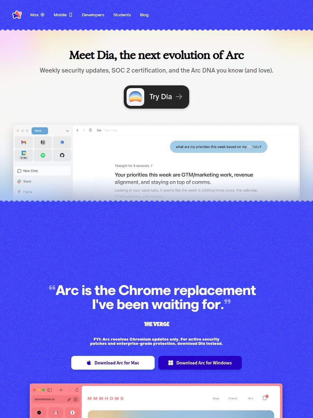 Arc Browser タブレット表示