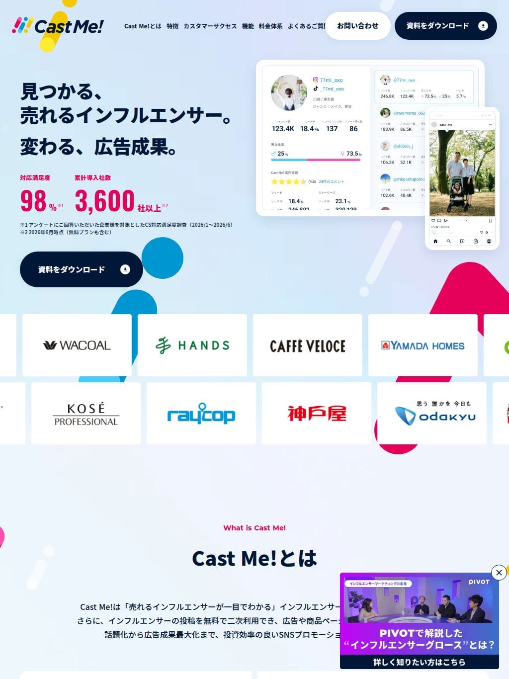 見つかる、 売れるインフルエンサー。 変わる、広告成果。Cast Me! タブレット表示
