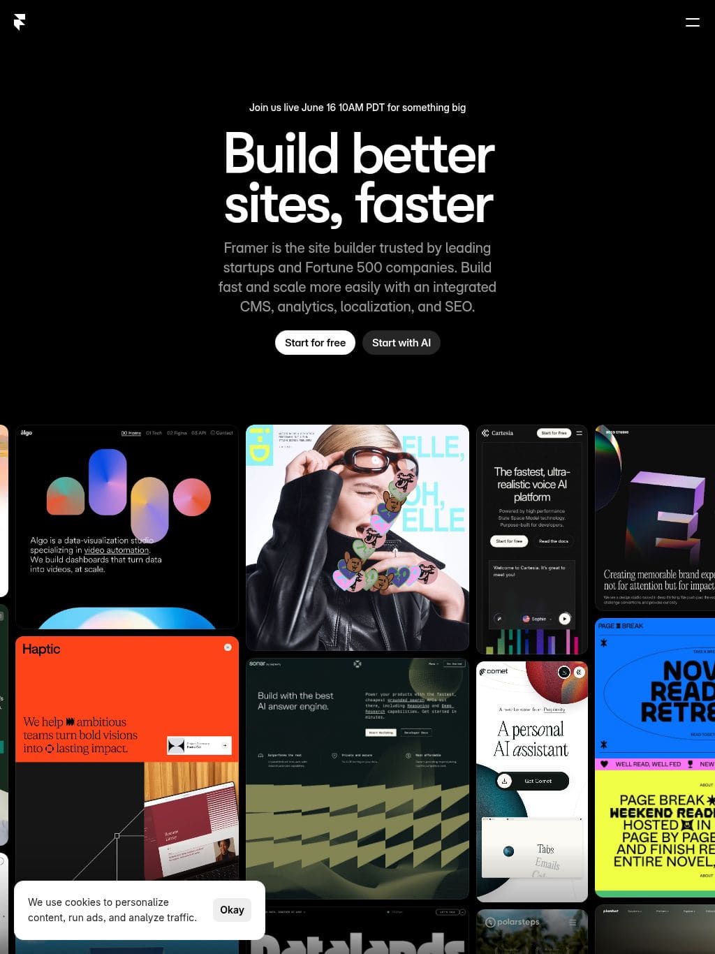 Framer: Create a professional website, free. No code website builder loved by designers. タブレット表示