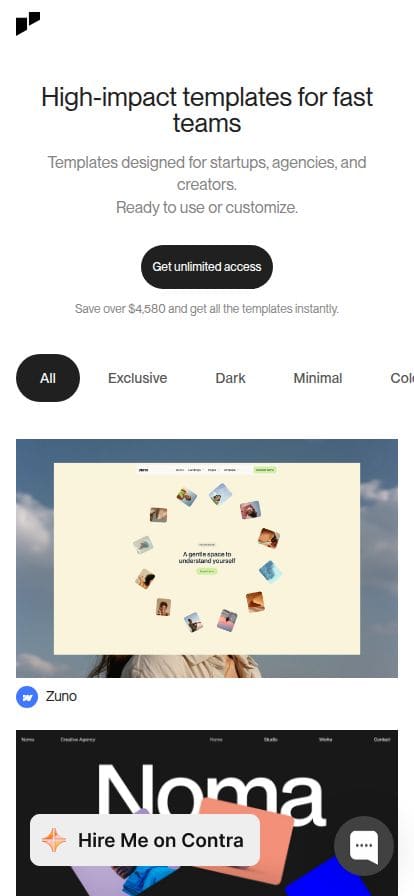 Save time and money with our premium and exclusive Framer & Webflow templates. スマホ表示
