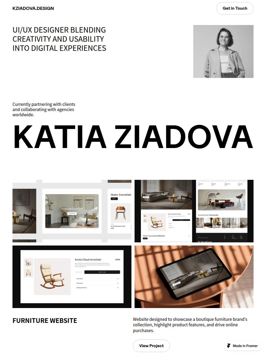 Katia Ziadova Portfolio website タブレット表示