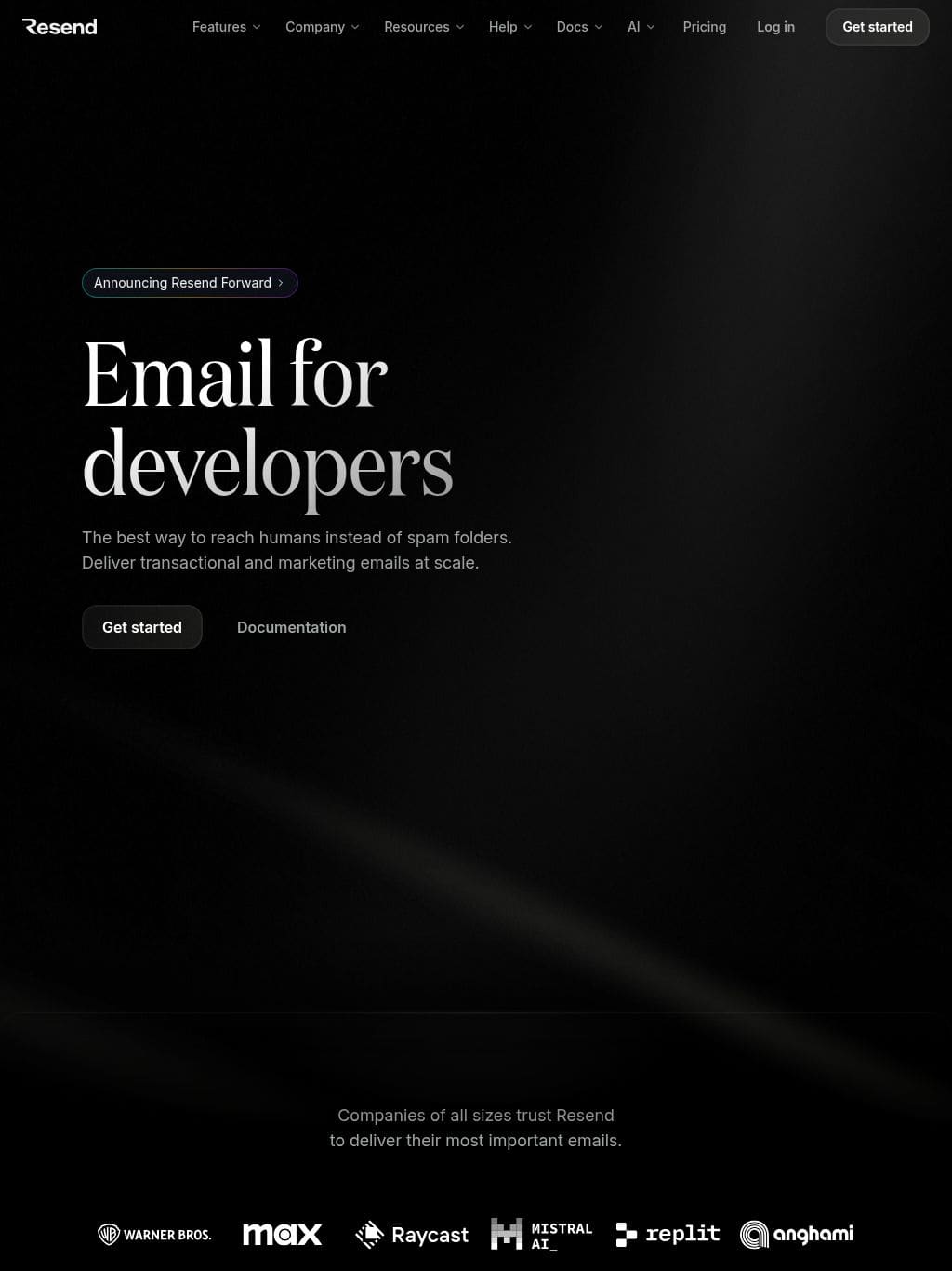 Resend · Email for developers タブレット表示