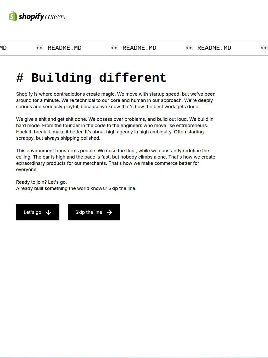Shopify Careers タブレット表示