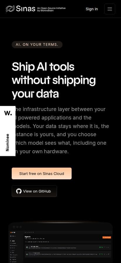 Sinas | The Open-Source Infrastructure for AI Apps スマホ表示