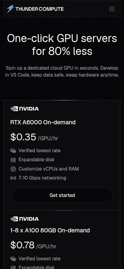 Thunder Compute スマホ表示